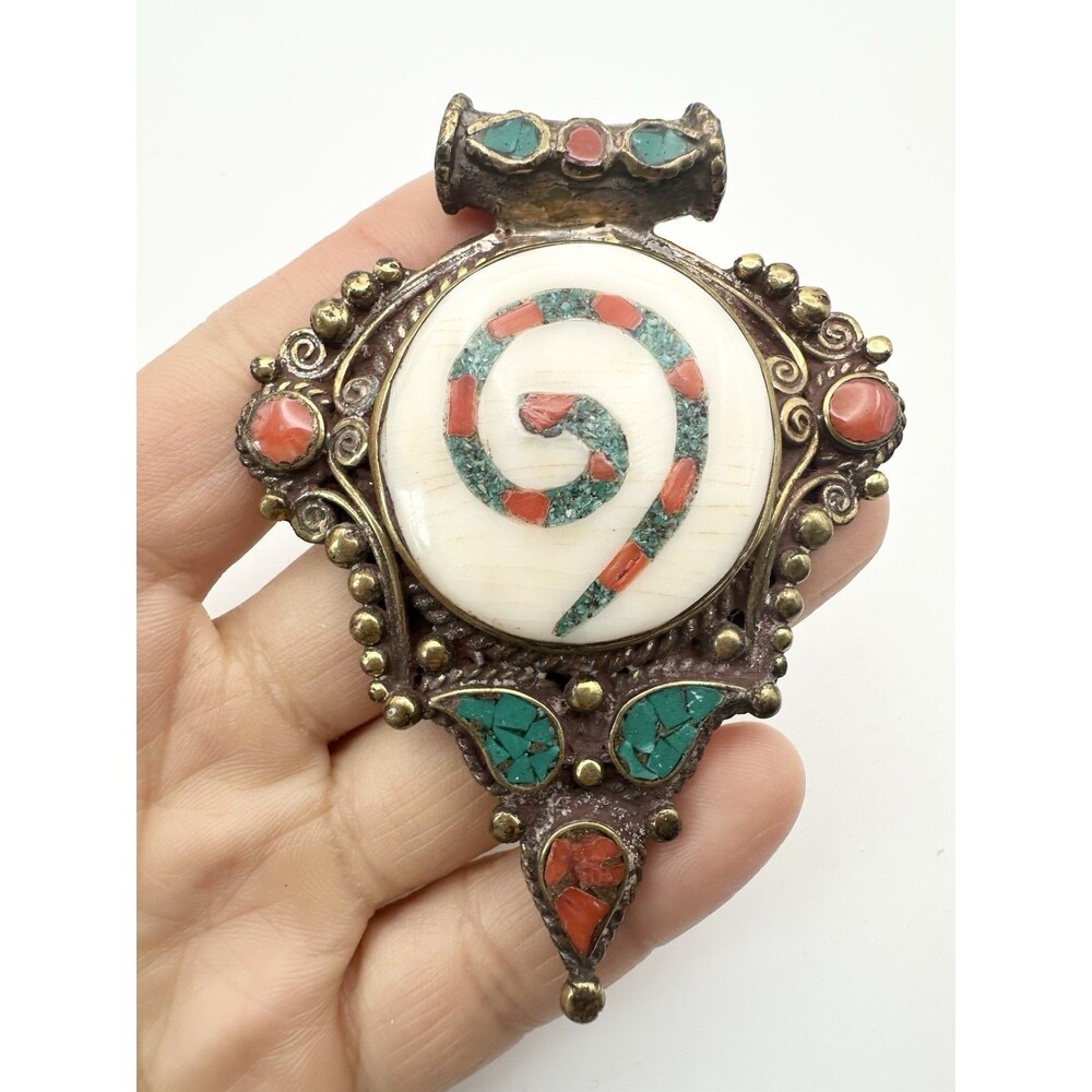 Vintage Tibetan Brass Turquoise Coral inlay Pendant